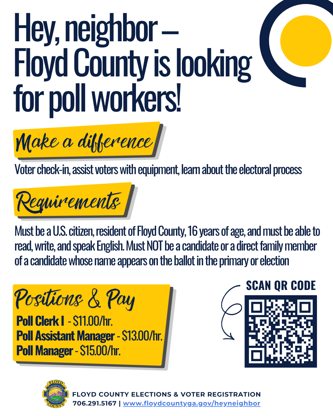 Poll Officer Recruitment flyer stating that Floyd County needs poll workers. 